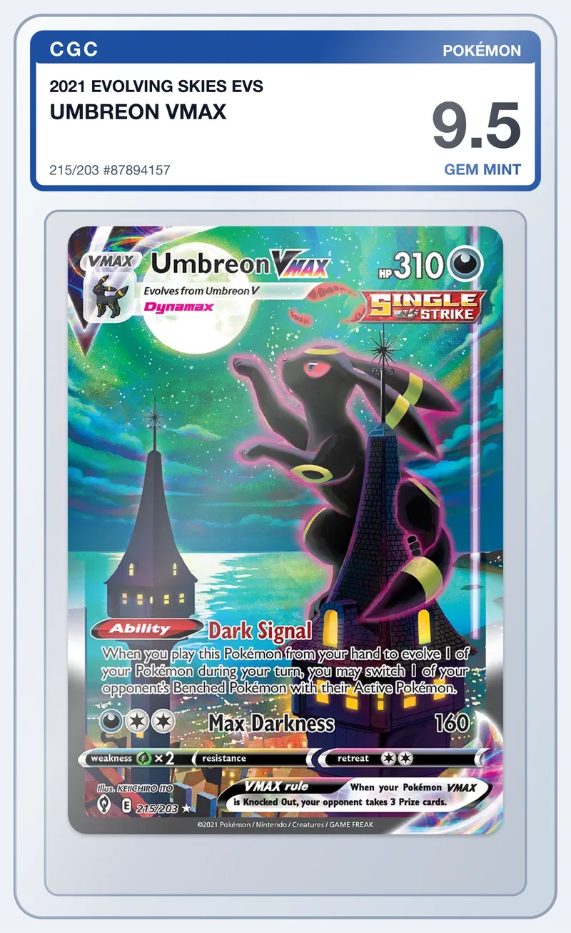Umbreon VMAX 215/203 Evolving Skies Alt Art – CGC 9.5 – slab edestä
