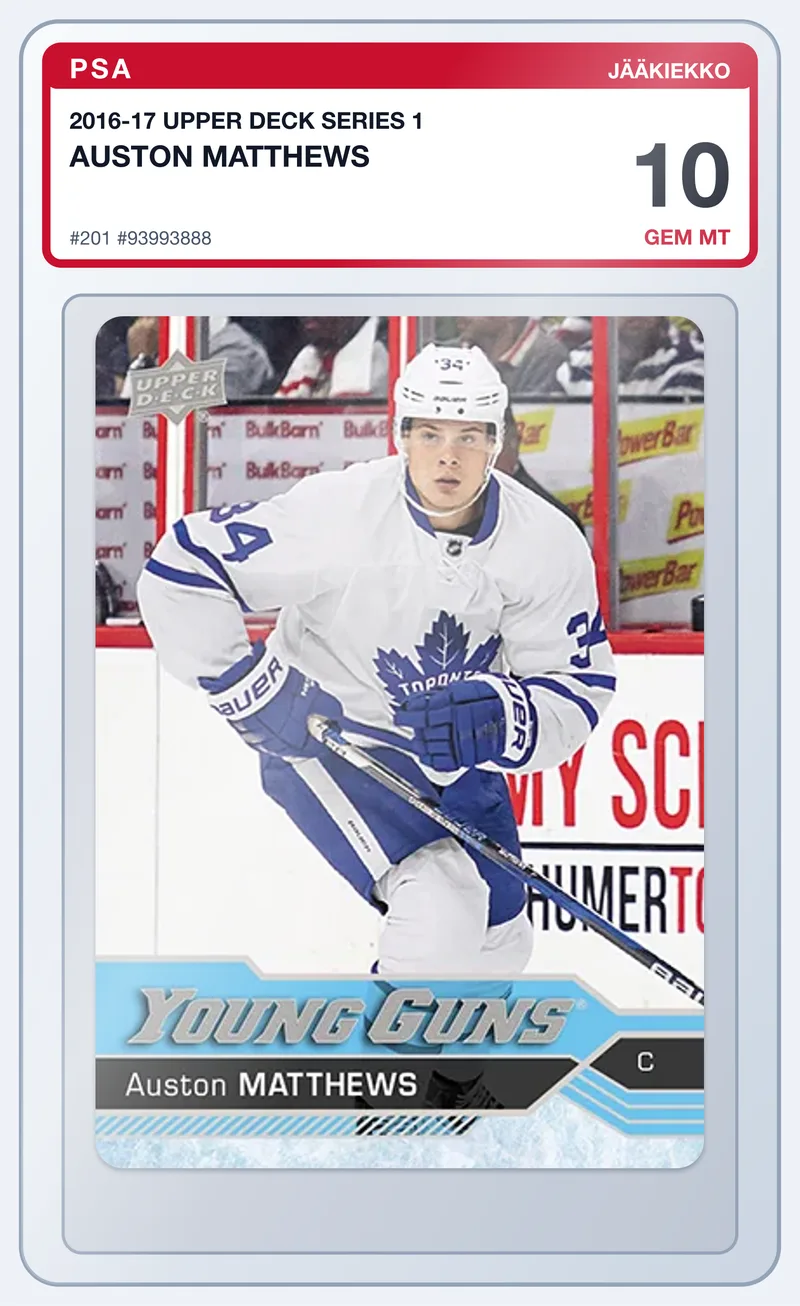 Auston Matthews 2016-17 Upper Deck Series 1 Young Guns RC #201 – PSA 10 – slab edestä