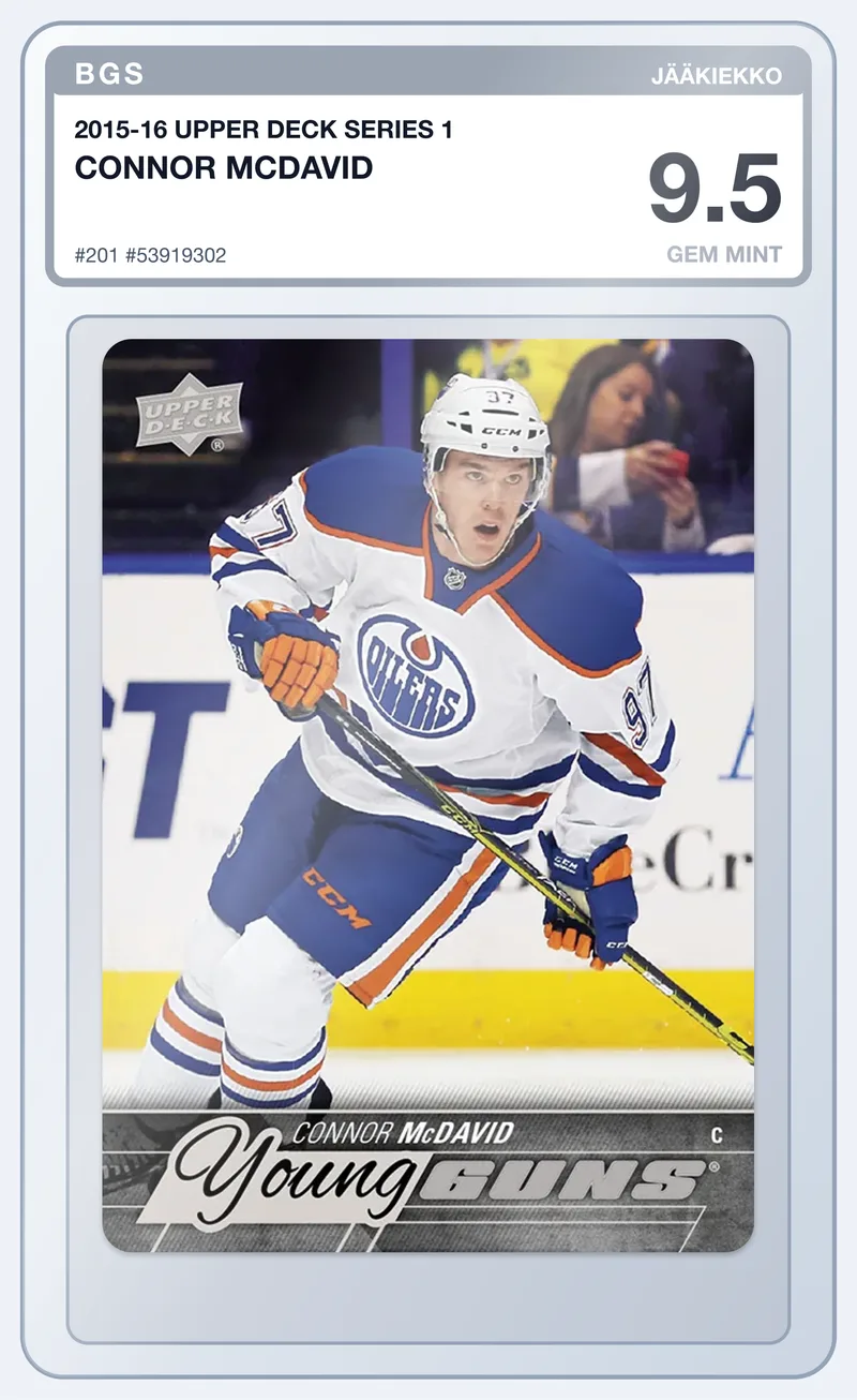 Connor McDavid 2015-16 Upper Deck Series 1 Young Guns RC #201 – BGS 9.5 – slab edestä