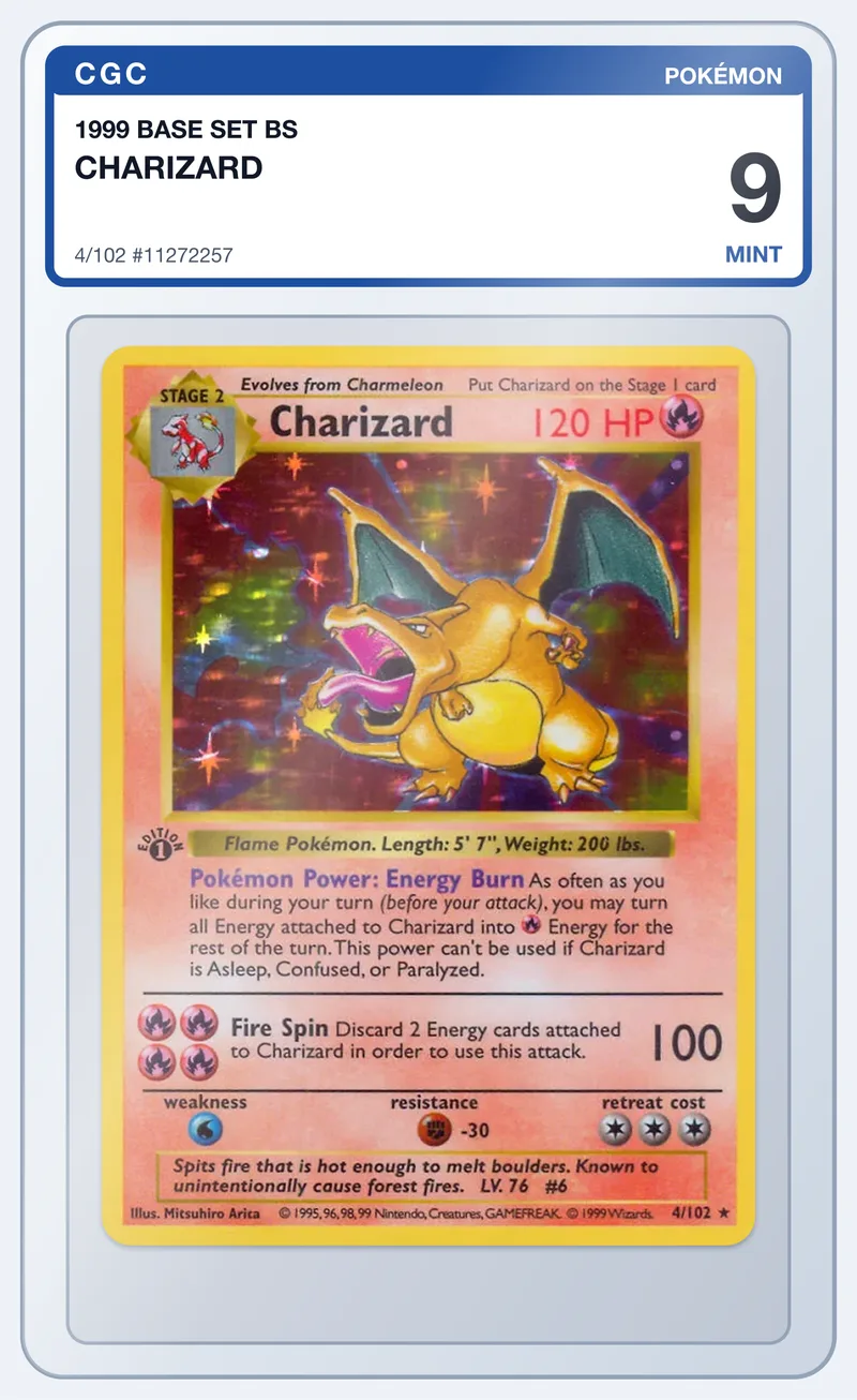 Charizard 4/102 Base Set Holo – CGC 9 – slab edestä