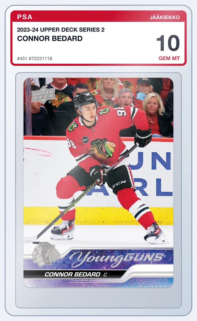Connor Bedard 2023-24 Upper Deck Series 2 Young Guns RC #451 – PSA 10 – slab edestä