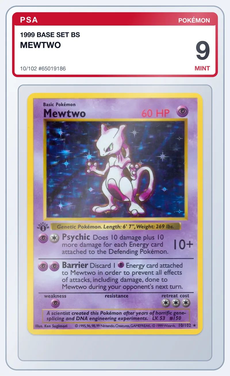 Mewtwo 10/102 Base Set Holo – PSA 9 – slab edestä