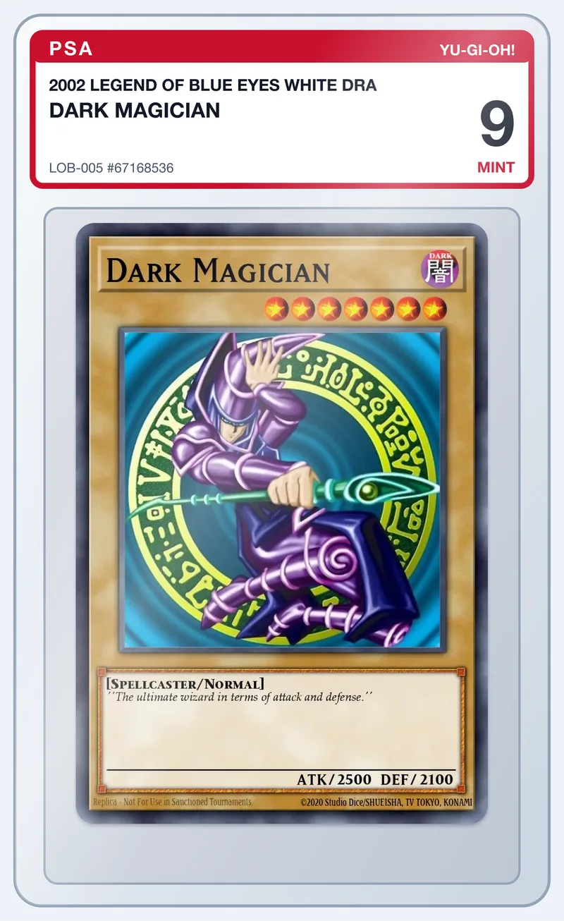 Dark Magician LOB-005 Legend of Blue Eyes White Dragon 1st Edition – PSA 9 – slab edestä