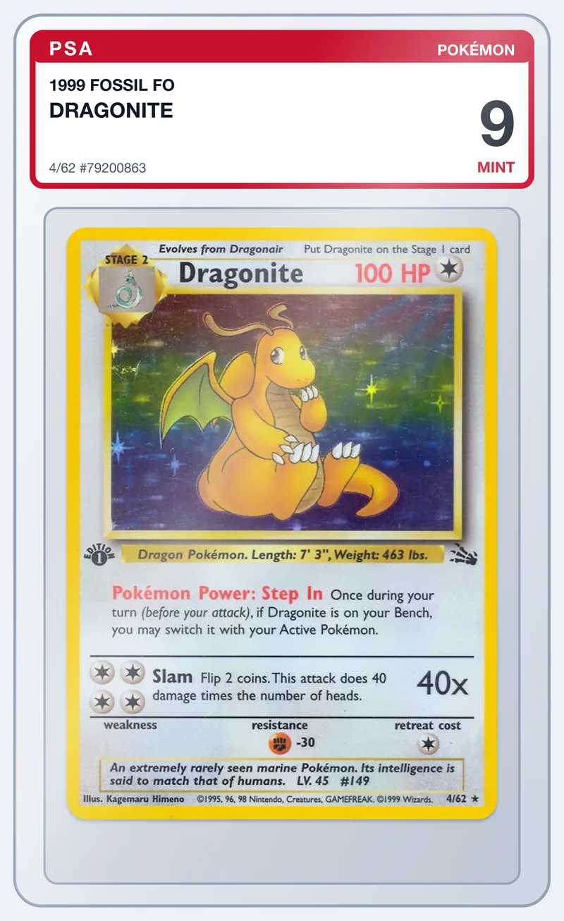 Dragonite 4/62 Fossil Holo – PSA 9 – slab edestä