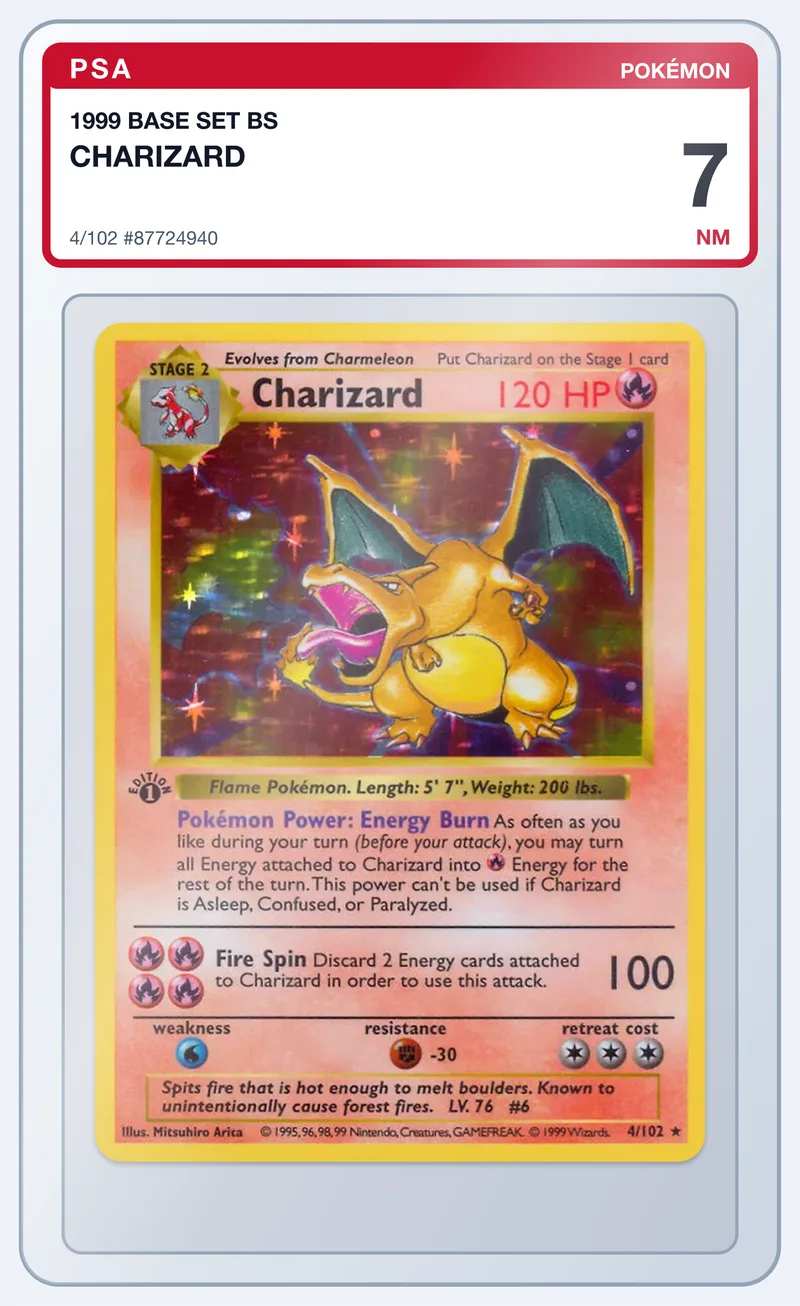 Charizard 4/102 Base Set 1st Edition Shadowless Holo – PSA 7 – slab edestä