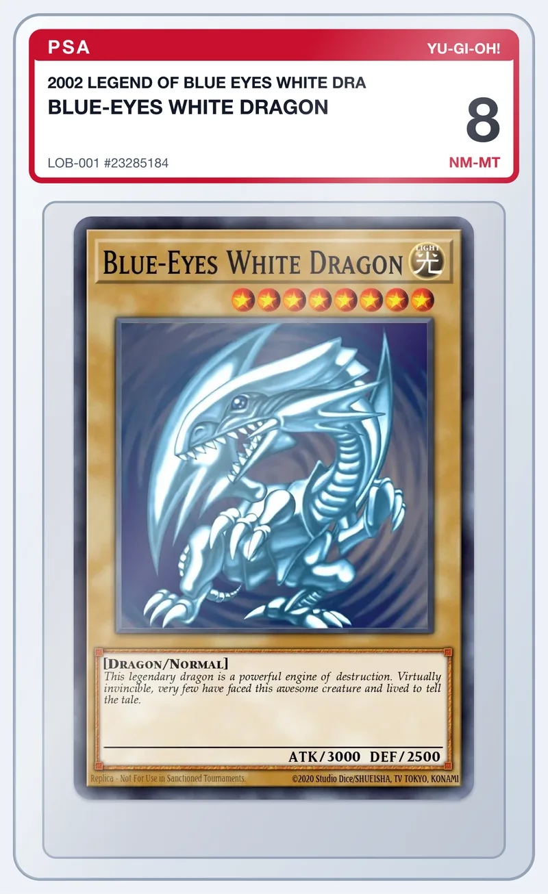 Blue-Eyes White Dragon LOB-001 Legend of Blue Eyes White Dragon 1st Edition – PSA 8 – slab edestä