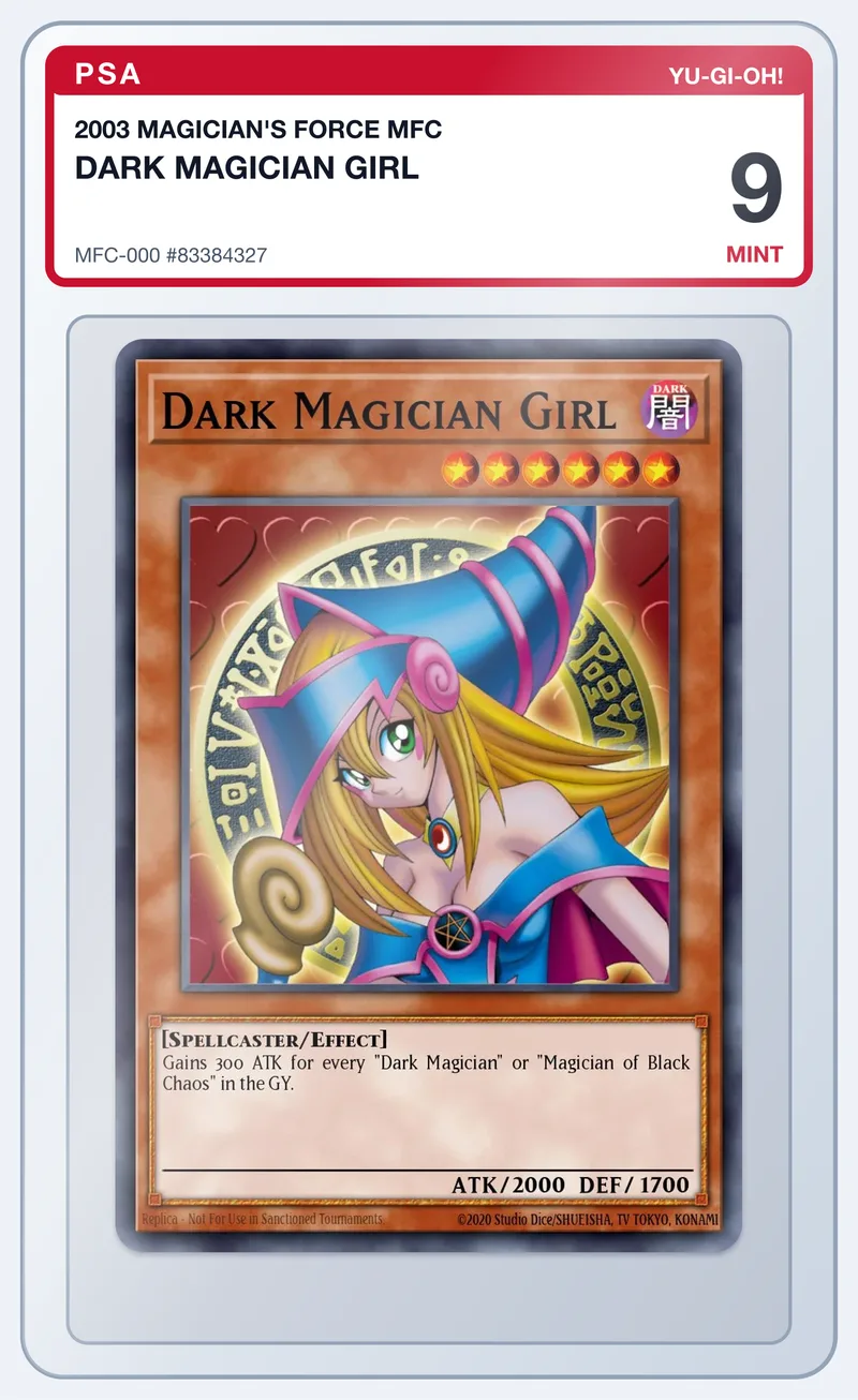 Dark Magician Girl MFC-000 Magician's Force 1st Edition – PSA 9 – slab edestä
