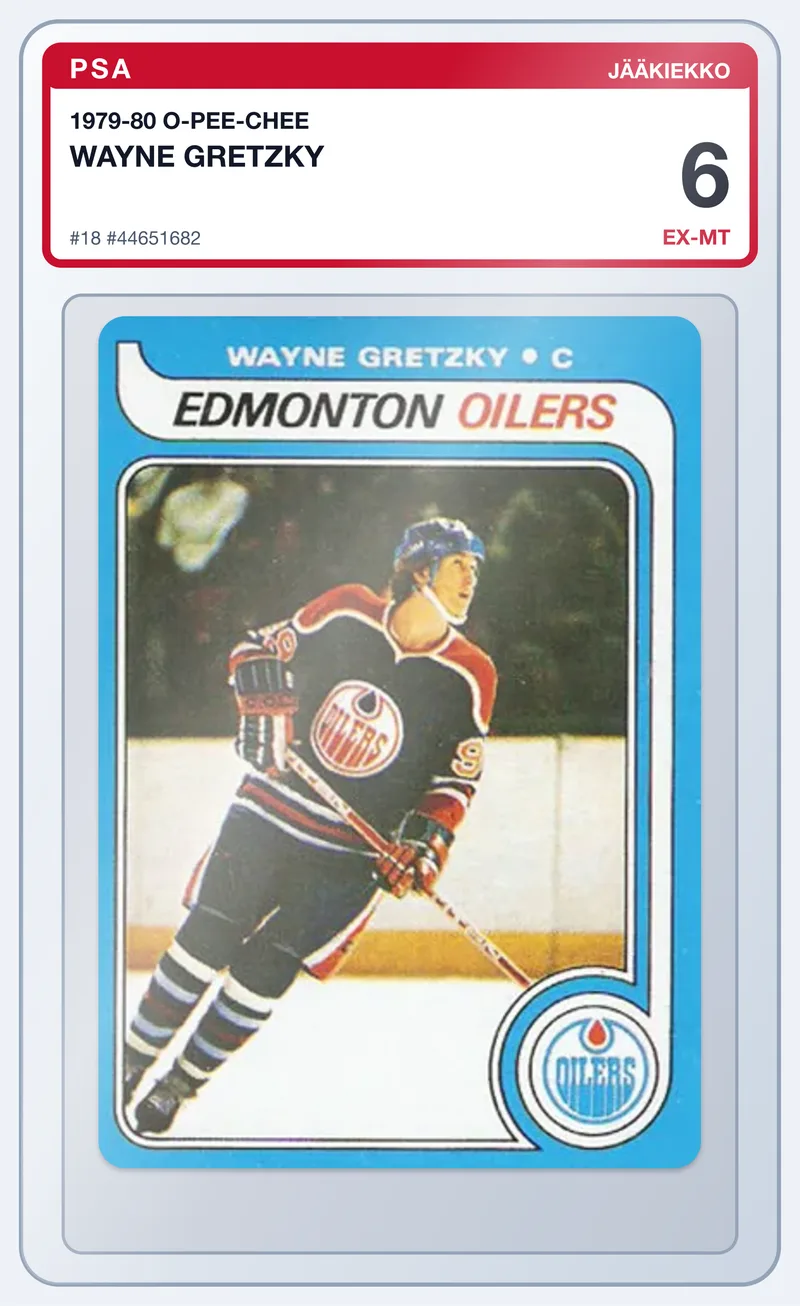 Wayne Gretzky 1979-80 O-Pee-Chee Rookie #18 – PSA 6 – slab edestä