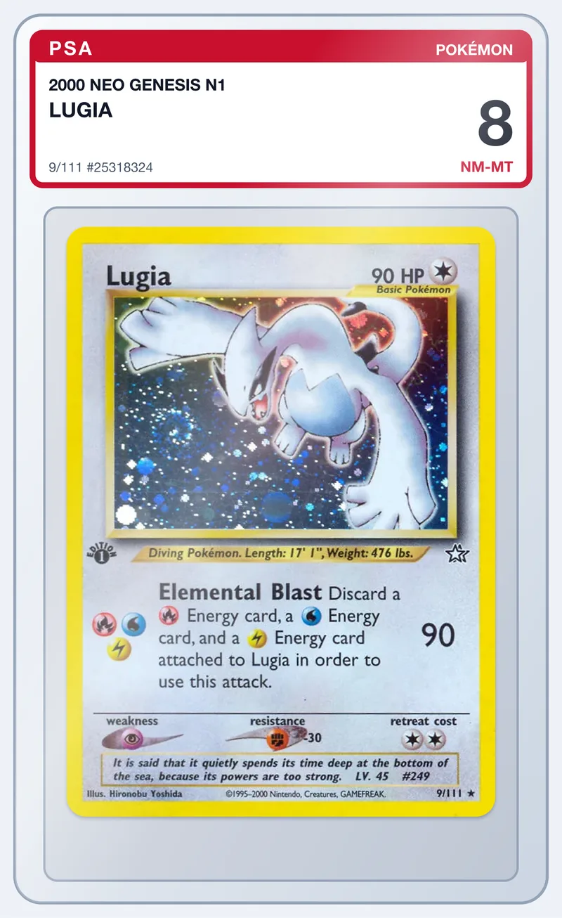 Lugia 9/111 Neo Genesis Holo – PSA 8 – slab edestä
