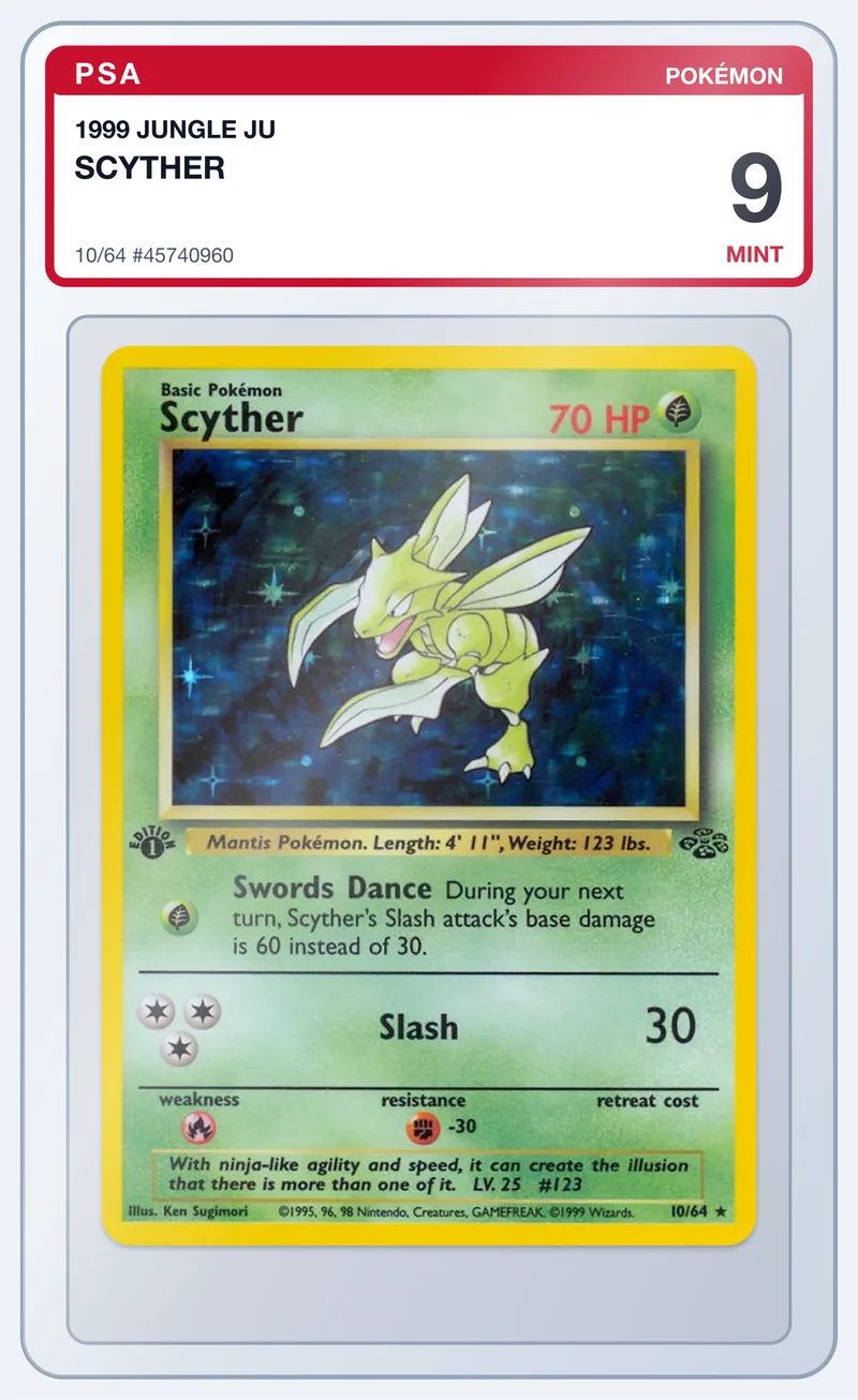Scyther 10/64 Jungle Holo – PSA 9 – slab edestä