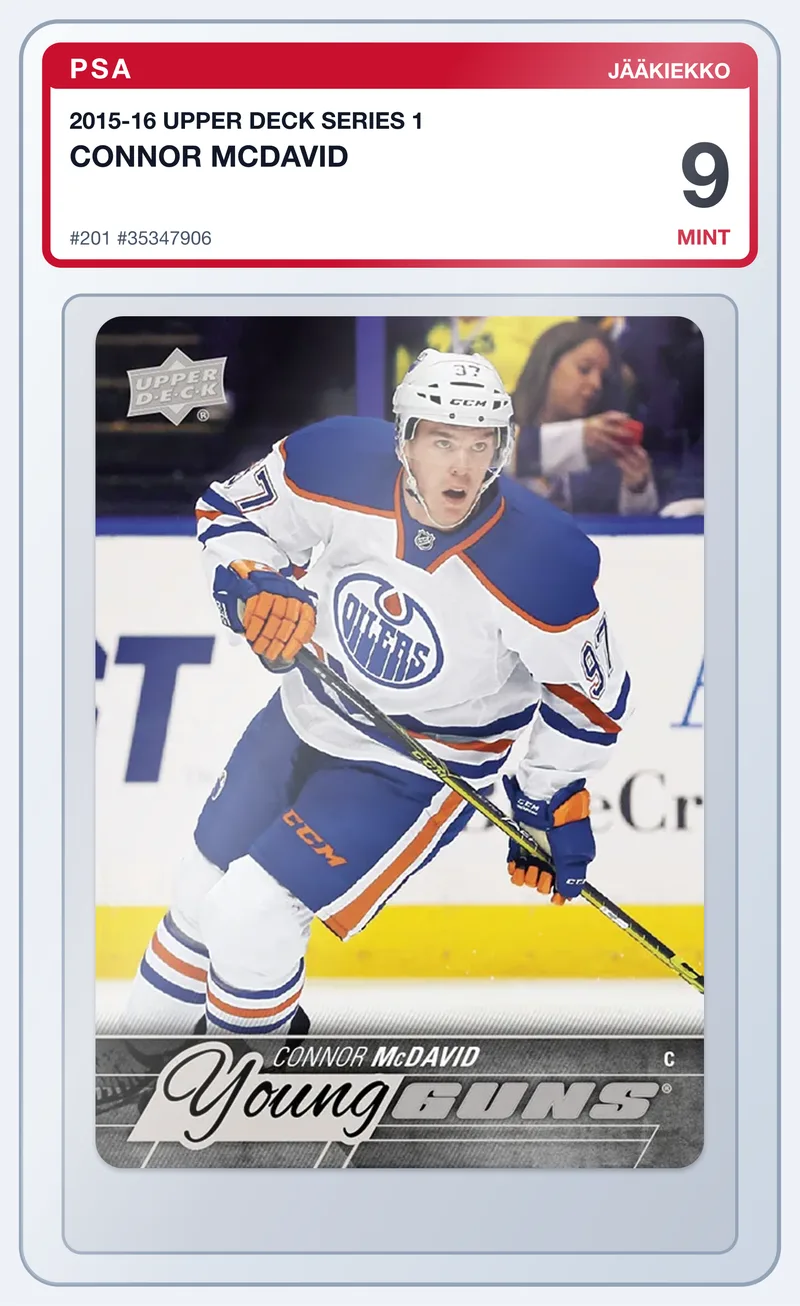 Connor McDavid 2015-16 Upper Deck Series 1 Young Guns RC #201 – PSA 9 – slab edestä