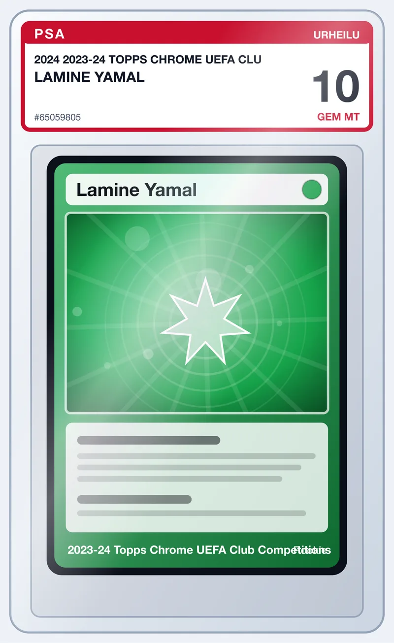 Lamine Yamal 2023-24 Topps Chrome UEFA Club Competitions Rookie – PSA 10 – slab edestä