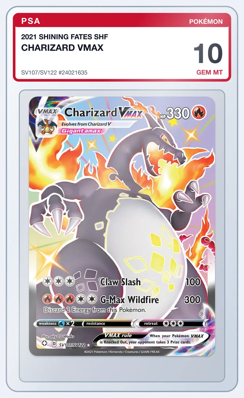 Charizard VMAX SV107/SV122 Shining Fates – PSA 10 – slab edestä