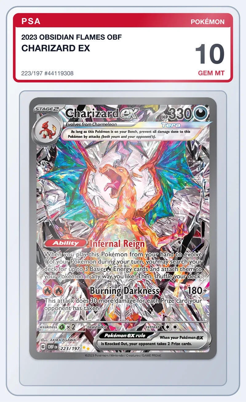 Charizard ex 223/197 Obsidian Flames – PSA 10 – slab edestä