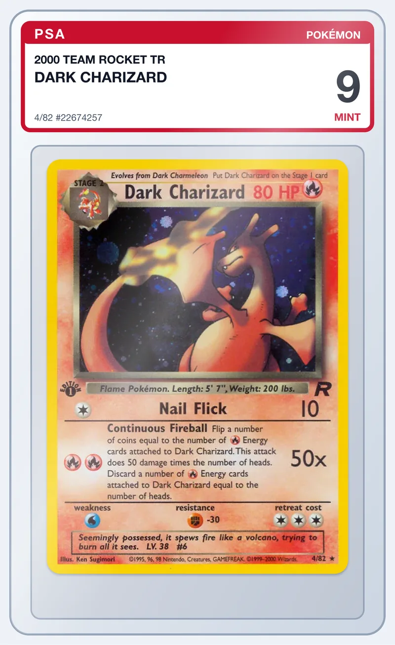 Dark Charizard 4/82 Team Rocket Holo – PSA 9 – slab edestä