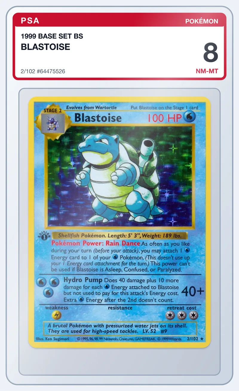 Blastoise 2/102 Base Set Holo – PSA 8 – slab edestä