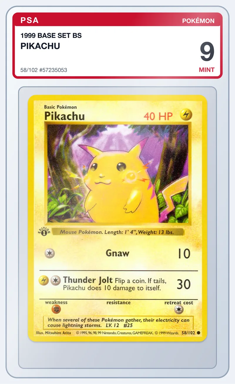 Pikachu 58/102 Base Set – PSA 9 – slab edestä