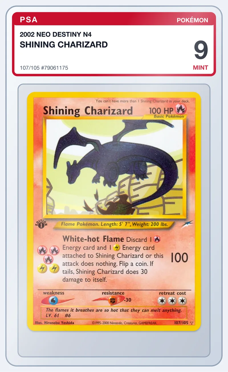 Shining Charizard 107/105 Neo Destiny – PSA 9 – slab edestä