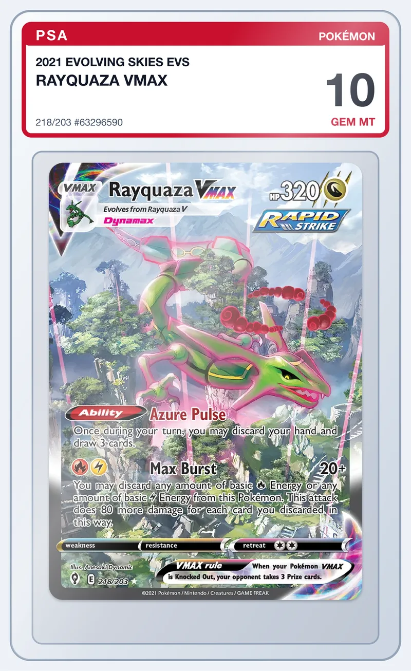 Rayquaza VMAX 218/203 Evolving Skies Alt Art – PSA 10 – slab edestä