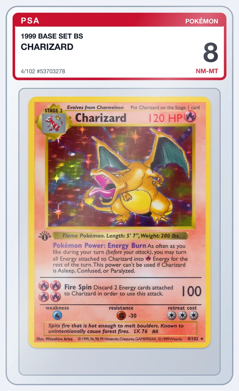 Charizard 4/102 Base Set Holo – PSA 8 – slab edestä