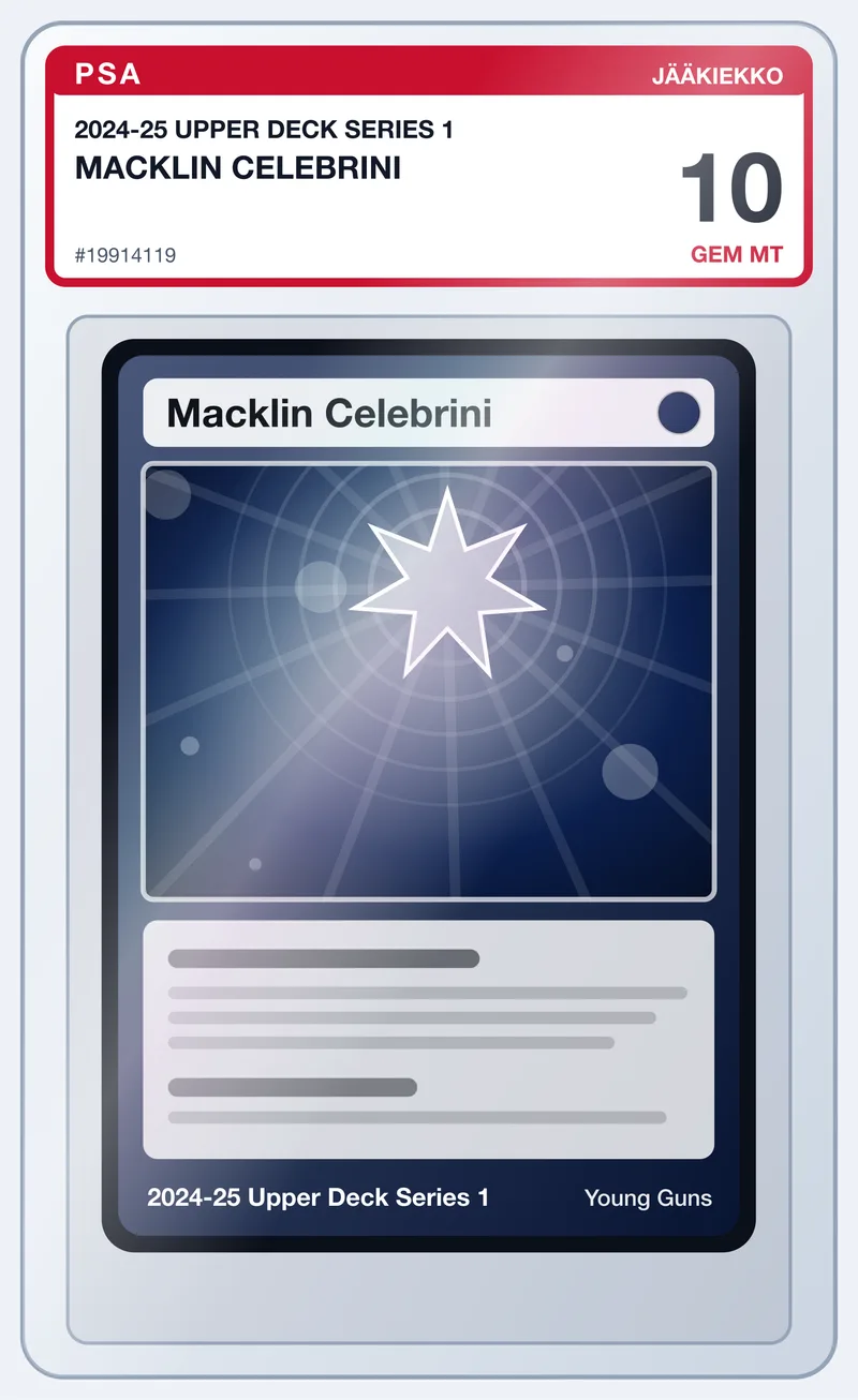 Macklin Celebrini 2024-25 Upper Deck Series 1 Young Guns RC – PSA 10 – slab edestä