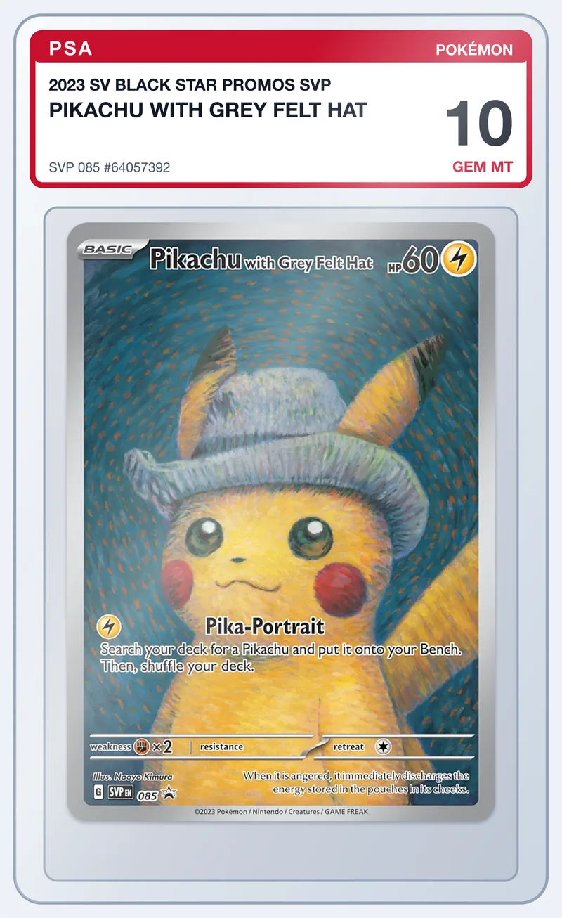 Pikachu with Grey Felt Hat SVP 085 SV Black Star Promos – PSA 10 – slab edestä
