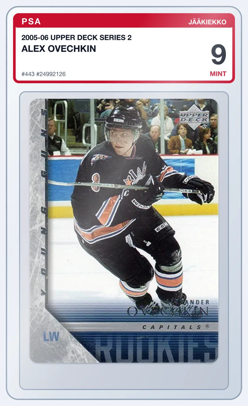 Alex Ovechkin 2005-06 Upper Deck Series 2 Young Guns RC #443 – PSA 9 – slab edestä
