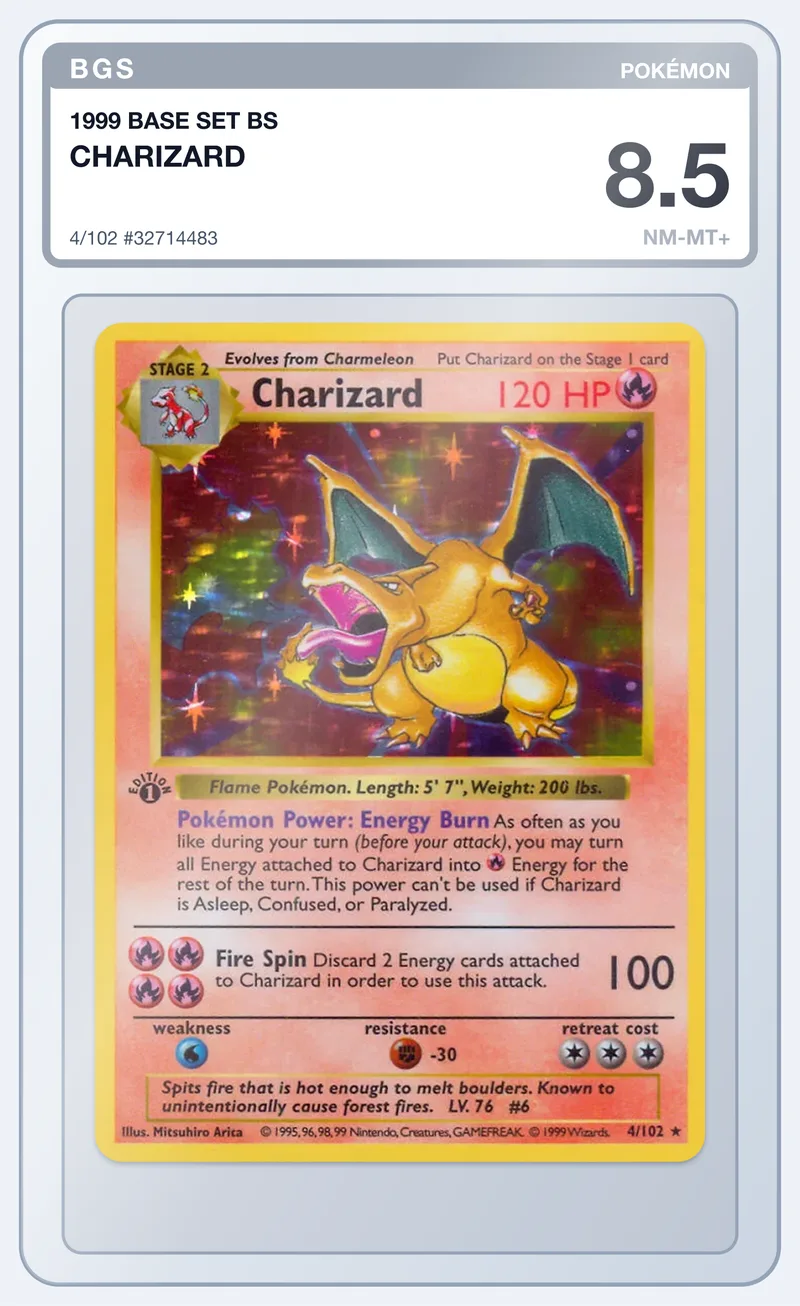 Charizard 4/102 Base Set Holo – BGS 8.5 – slab edestä