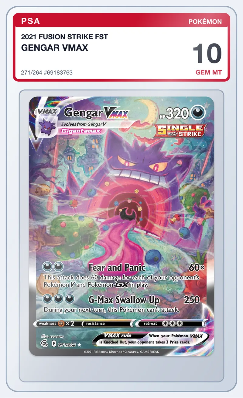 Gengar VMAX 271/264 Fusion Strike Alt Art – PSA 10 – slab edestä