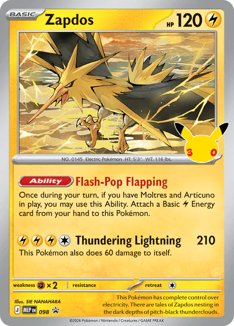 Zapdos MEP 098 ME Black Star Promos 30th Stamp – NM
